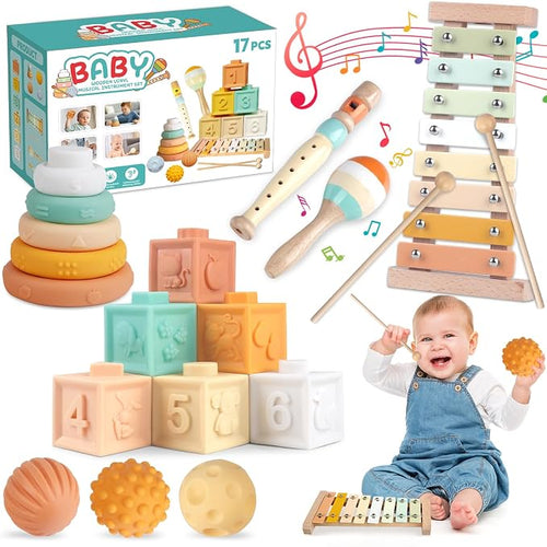 6-in-1 Montessori baby toy set with wooden xylophone, stacking rings and sensory toys