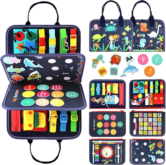 Montessori busy board and activity book for toddlers with colorful sensory learning activities