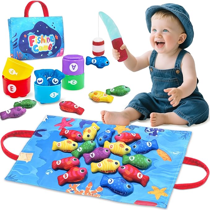 Montessori fishing sensory toy with colorful fish and stacking cups for toddlers
