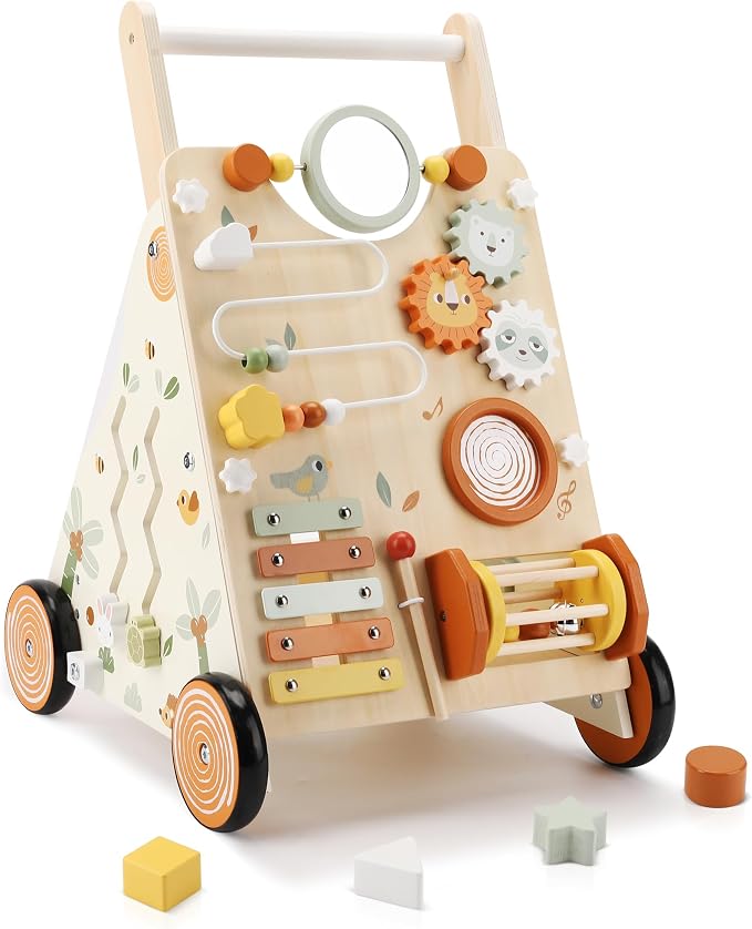 Montessori wooden baby walker with colorful activity center for toddlers