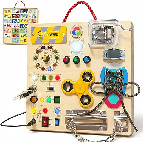 LED busy board with interactive lights and switches for toddlers