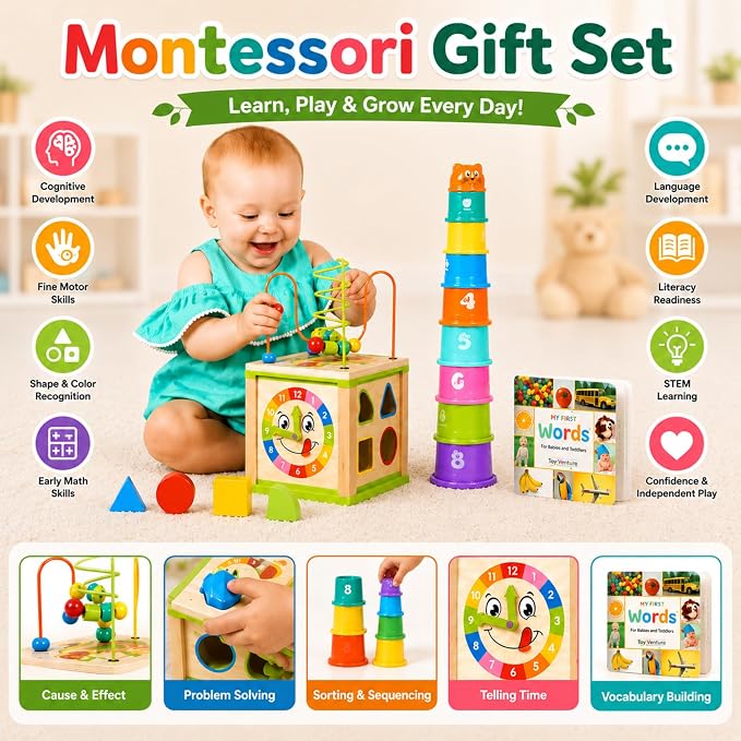 Wooden Montessori activity cube with bead maze and stacking cups for toddlers