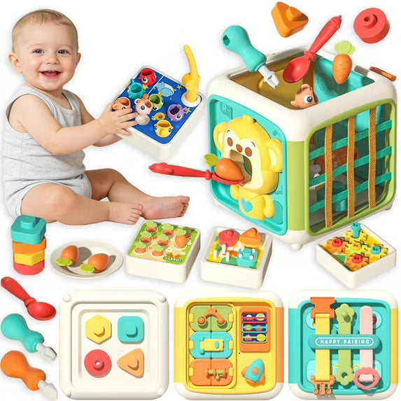Wooden Montessori activity cube with bead maze and stacking cups for toddlers