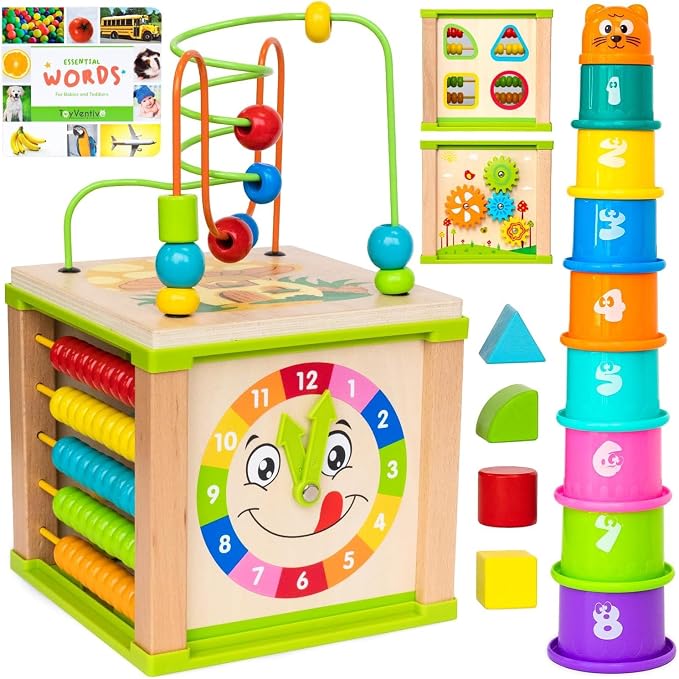 Wooden Montessori activity cube with bead maze and stacking cups for toddlers