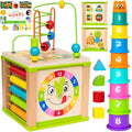 Wooden Montessori activity cube with bead maze and stacking cups for toddlers