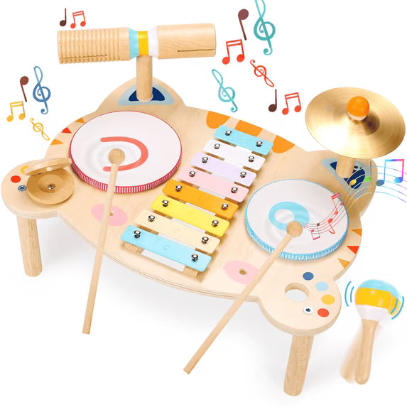 Wooden Montessori musical instrument set with drum and xylophone for toddlers